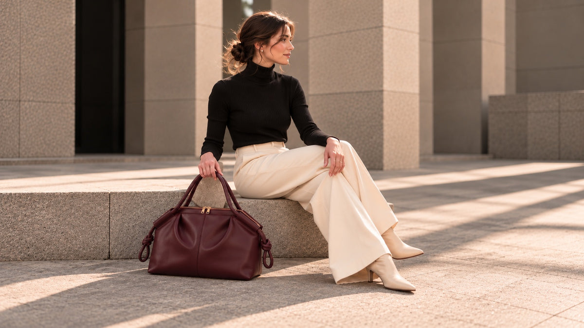 A woman sits on stone steps outdoors, wearing a black turtleneck and cream wide-leg pants, holding a burgundy leather handbag next to her.