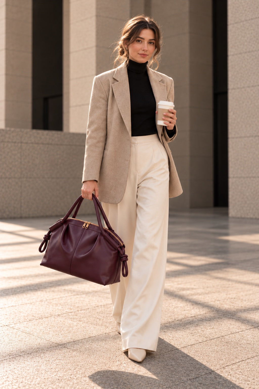 A woman walking outdoors in a beige blazer, cream wide-leg trousers, and a black turtleneck, holding a burgundy leather handbag and a takeaway coffee cup.