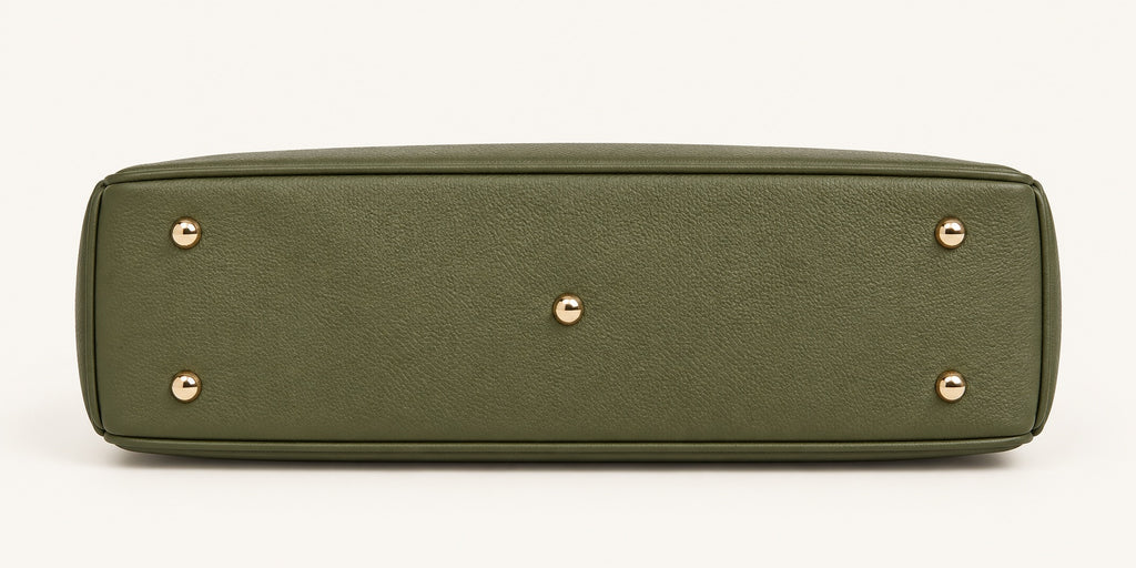 An elegant olive-green shoulder bag with a softly structured silhouette, gold-tone hardware and a spacious, organised interior.