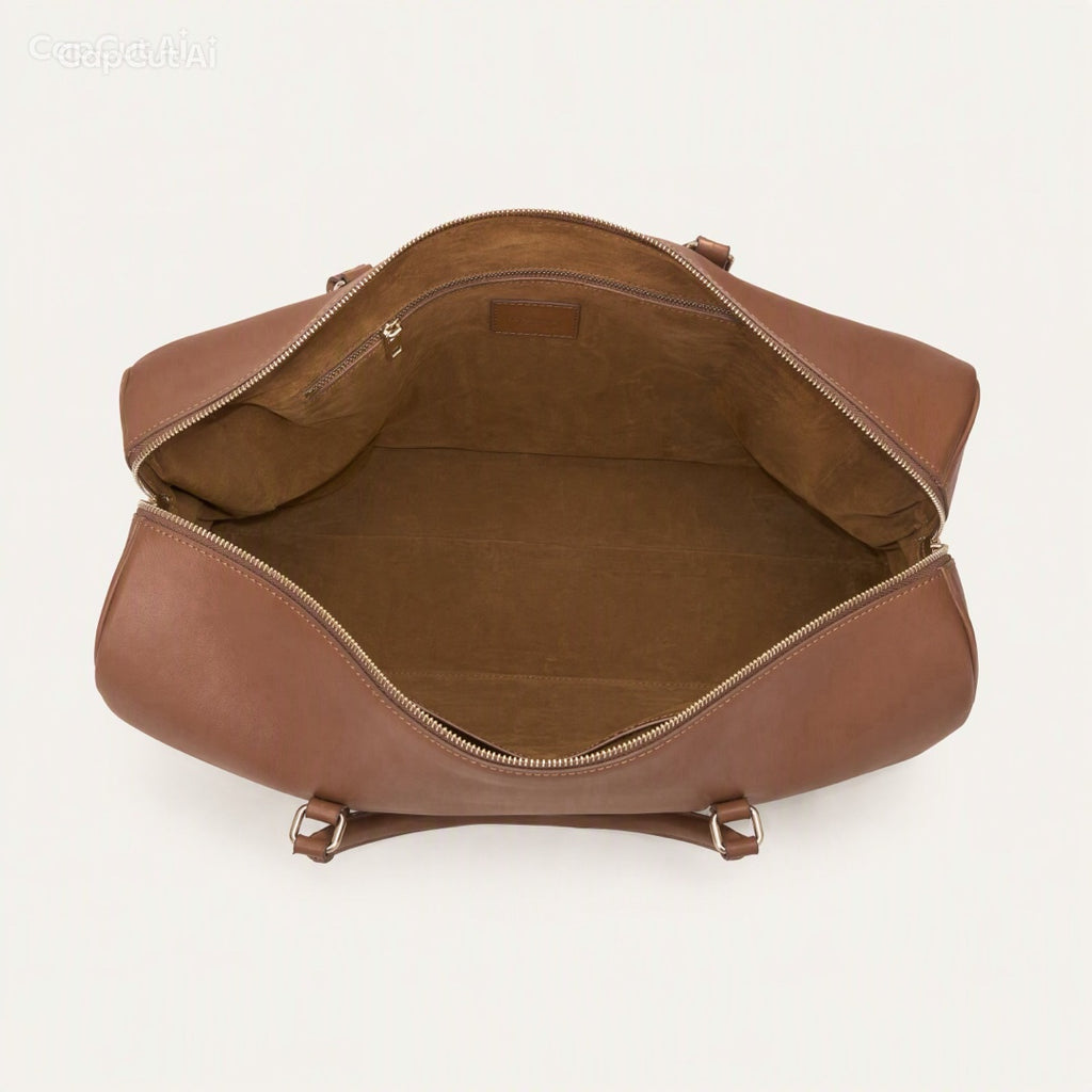 An open brown leather duffel bag with a matching brown fabric lining, shown from a top-down view on a light off-white background.
