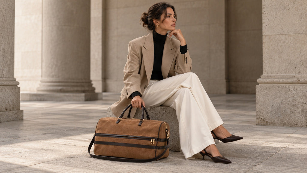 Cognac suede travel bag with dark brown leather details and gold-tone hardware