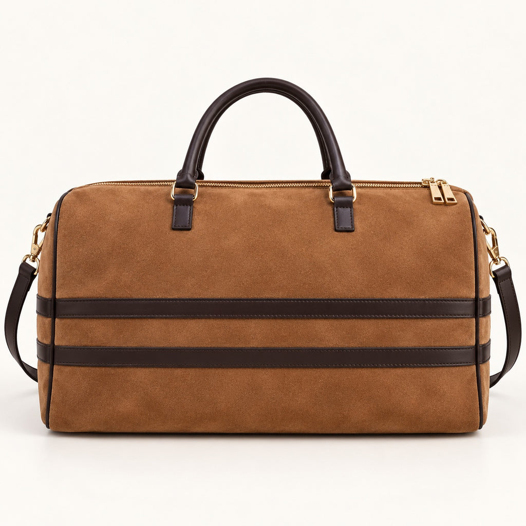 ognac suede weekender bag with dark brown leather trim and gold tone hardware
