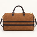 ognac suede weekender bag with dark brown leather trim and gold tone hardware