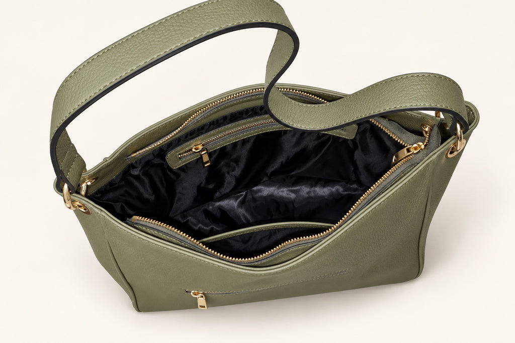 An elegant shoulder bag with a clean, understated silhouette and a sophisticated sage-green finish. Designed with gold-tone detailing, a comfortable shoulder strap and a spacious, compartmentalised interior for effortless everyday organisation.