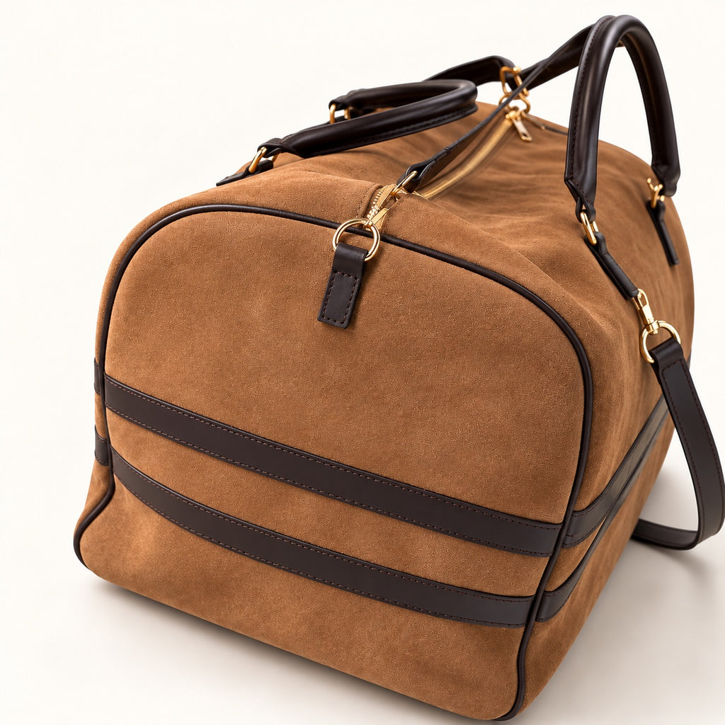 ognac suede weekender bag with dark brown leather trim and gold tone hardware